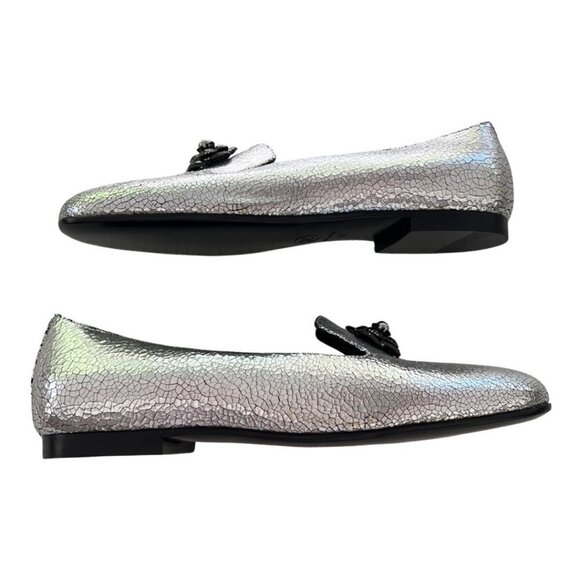 Chanel silver crackled leather interlocking CC Camelia Smoking slipper size 38 - Picture 3 of 11